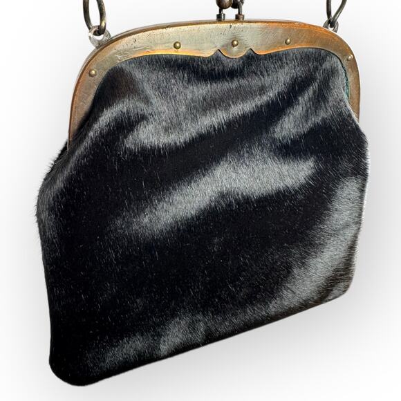 Vintage Black Hair Shoulder Bag w/ Kiss Lock Chain Strap - Picture 8 of 12